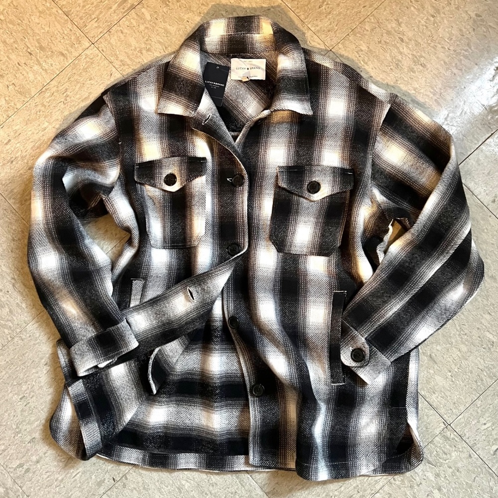 Lucky Brand Black & White Plaid Flannel Oversized Shirt Jacket Women Medium NWT